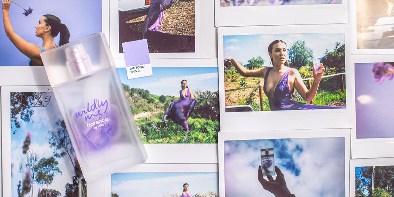 A bottle of Wildly Me with polaroids of Millie Bobby Brown and Pantone 2705 C color.